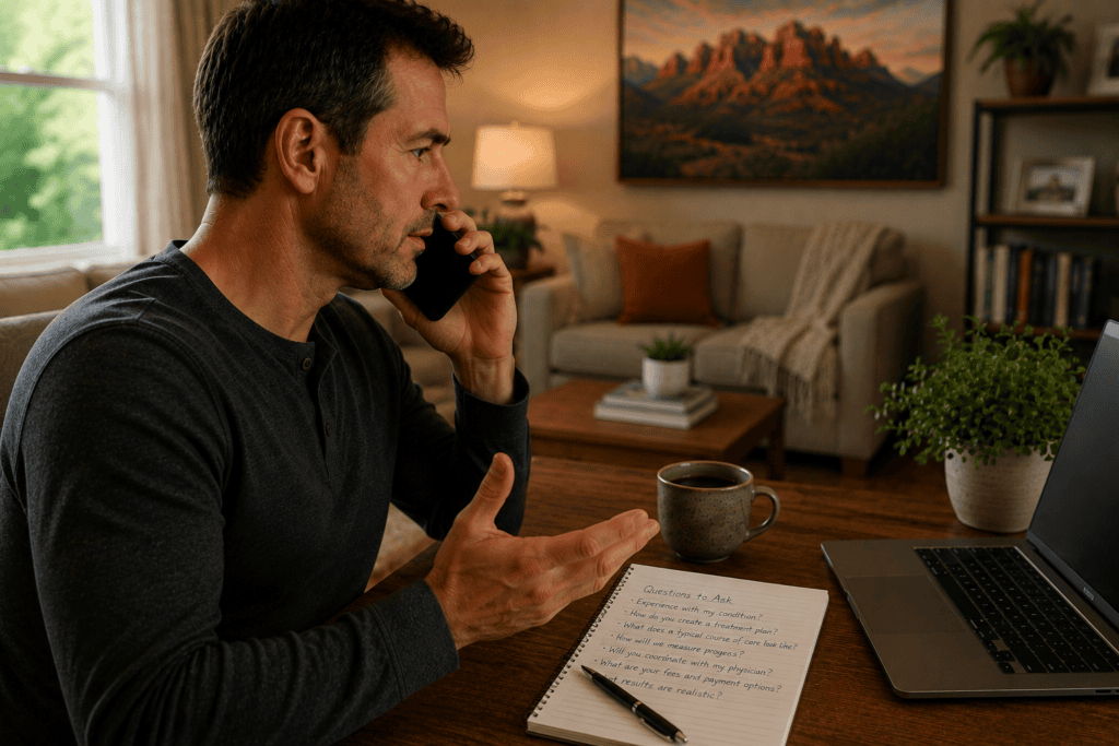 Prospective patient on the phone asking an acupuncture clinic questions before booking a first appointment.