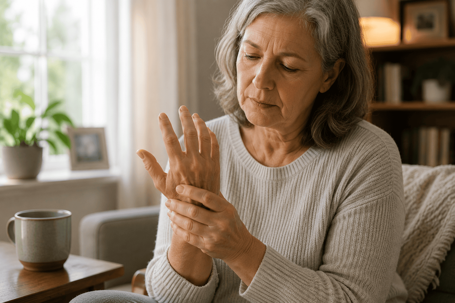 Older person gently holding a stiff, aching hand affected by arthritis at home in the morning.