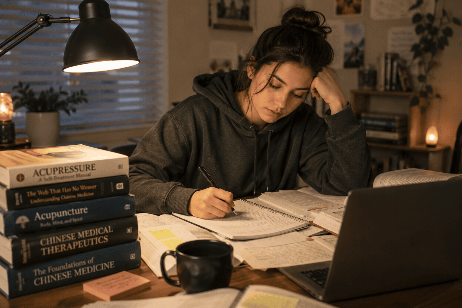 Student at a desk with books, notes, and a laptop, focused but tired during a long study session.