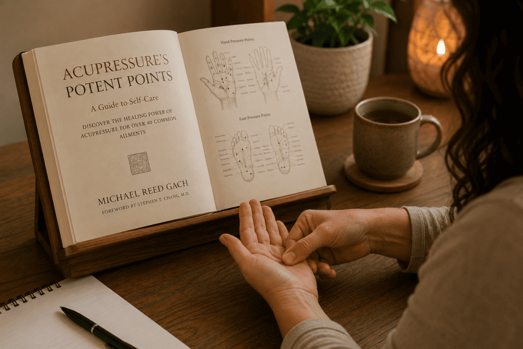 Open acupressure reference book showing pressure-point maps beside a person practicing on their own hand.