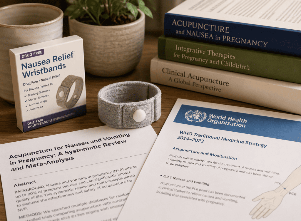 Pressure wristband targeting the PC6 point beside research materials on acupuncture for pregnancy nausea.