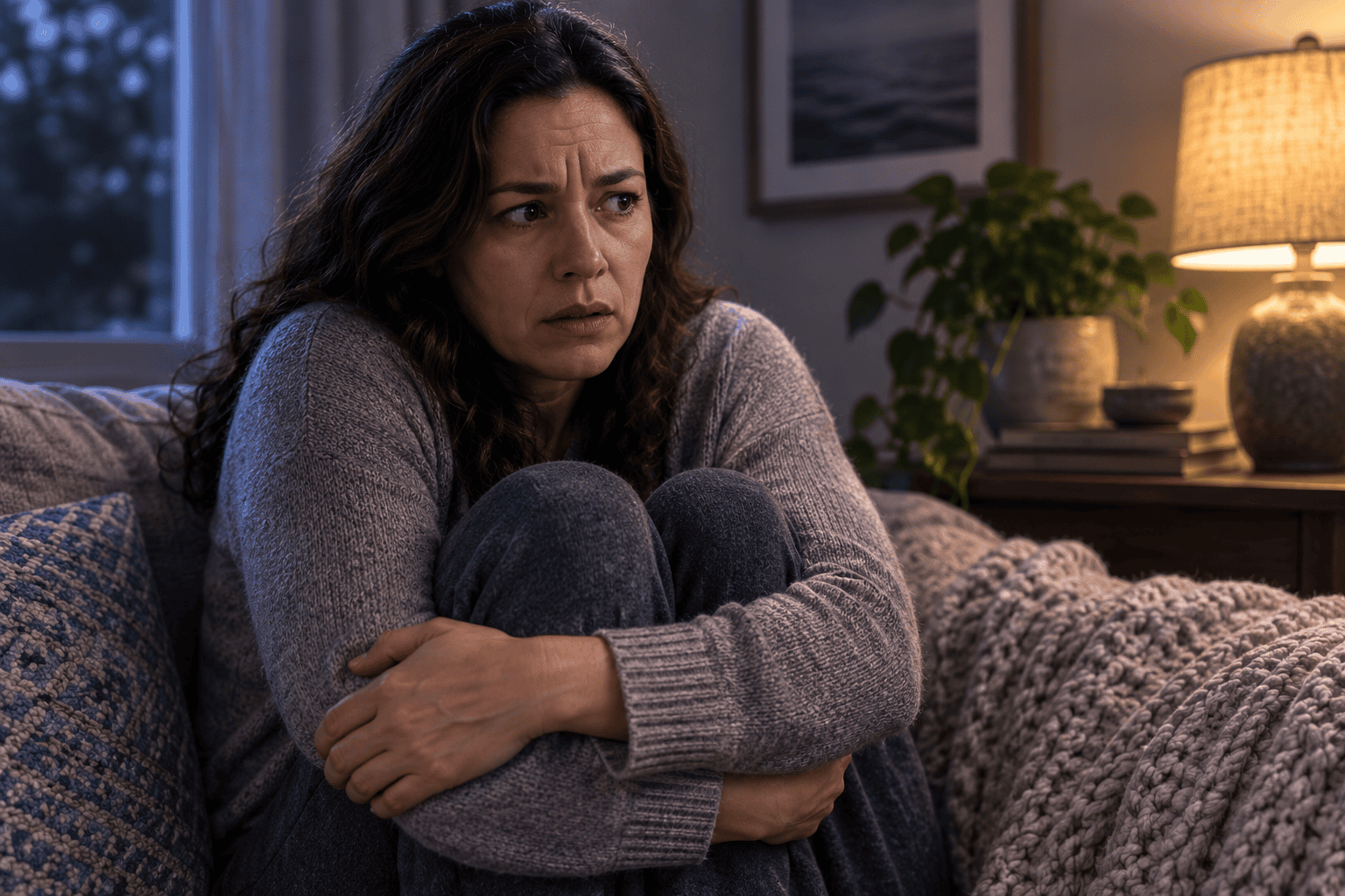 Person sitting curled inward with a tense, braced, fearful expression in a dim room.