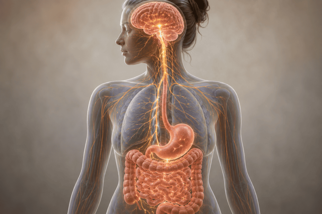 Medical illustration showing the brain, vagus nerve, stomach, and intestines connected through the gut-brain axis.