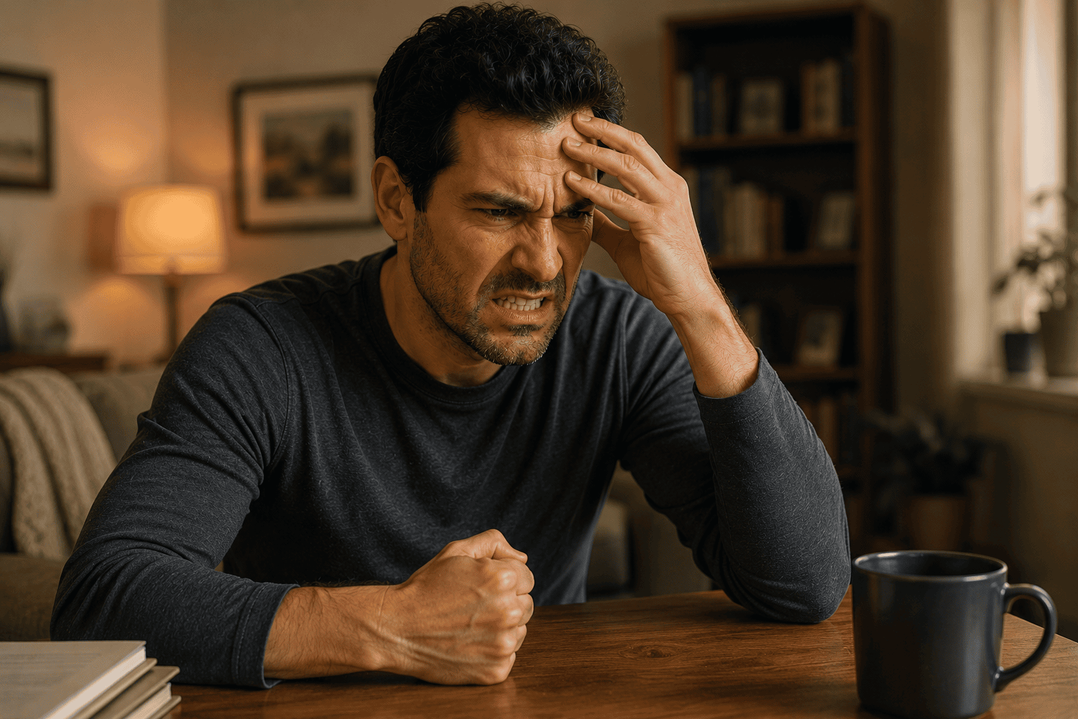 Person sitting with a tense, heated expression and hand to the forehead, worked up and angry.