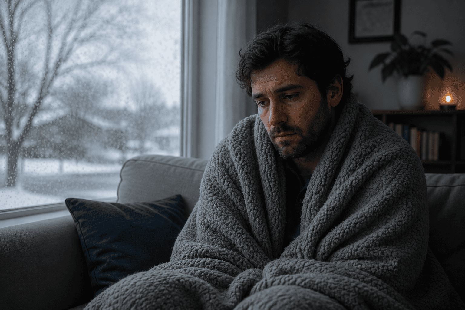 Person wrapped in a blanket on a couch by a window on a gray winter day, looking tired and low.