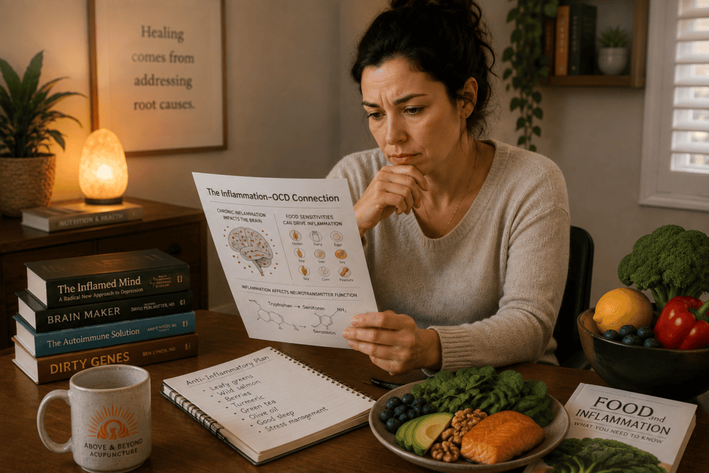 Person considering the connection between chronic inflammation food sensitivities and OCD symptom severity in the integrated care approach.