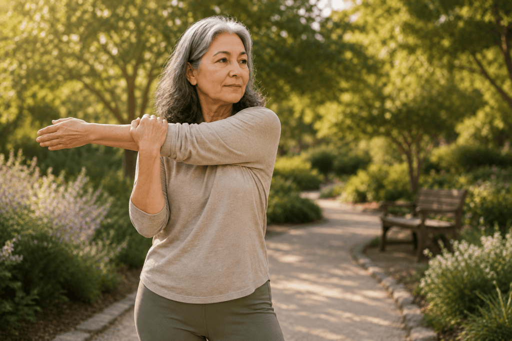 Older person doing gentle movement outdoors as part of a broader approach to managing arthritis.