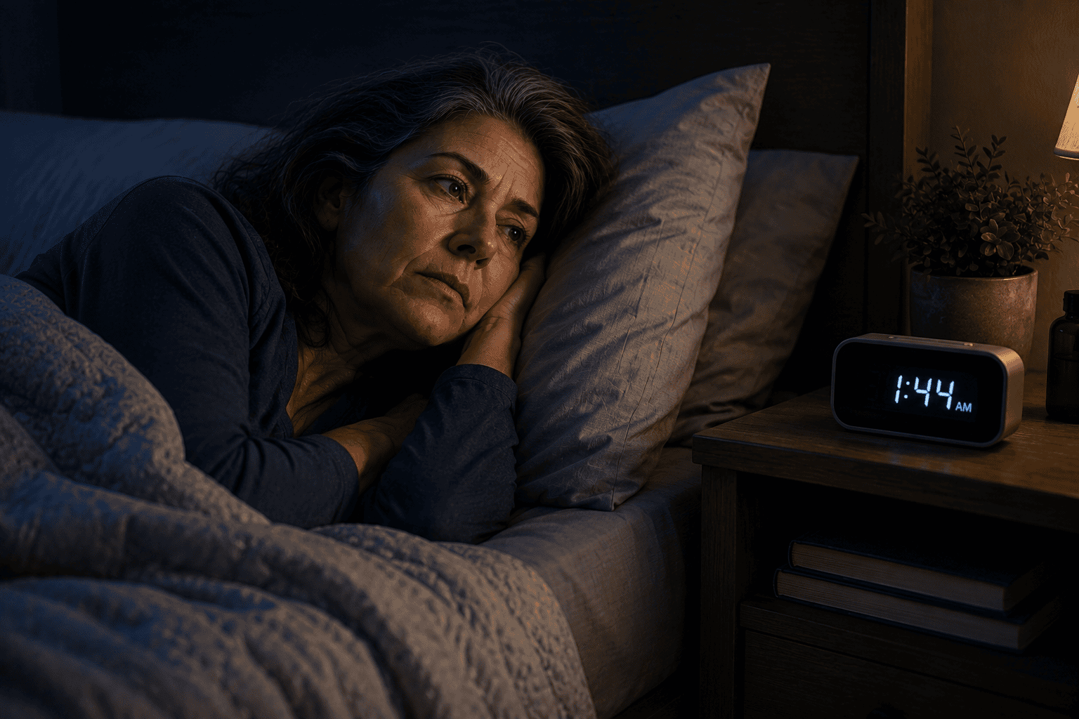 Person lying awake in bed at night, eyes open, unable to sleep, with a clock glowing nearby.