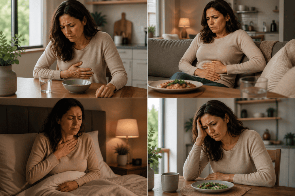 Four scenes showing nausea, abdominal discomfort, reflux, and loss of appetite associated with emotional stress.