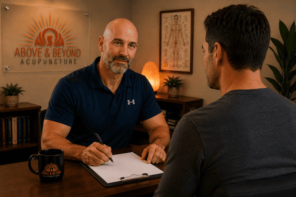 Licensed acupuncturist listening attentively to a patient during a thorough intake conversation.
