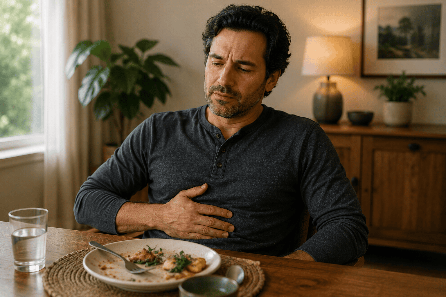 Person at a dining table after eating, resting a hand on their upper abdomen with an uncomfortable expression.