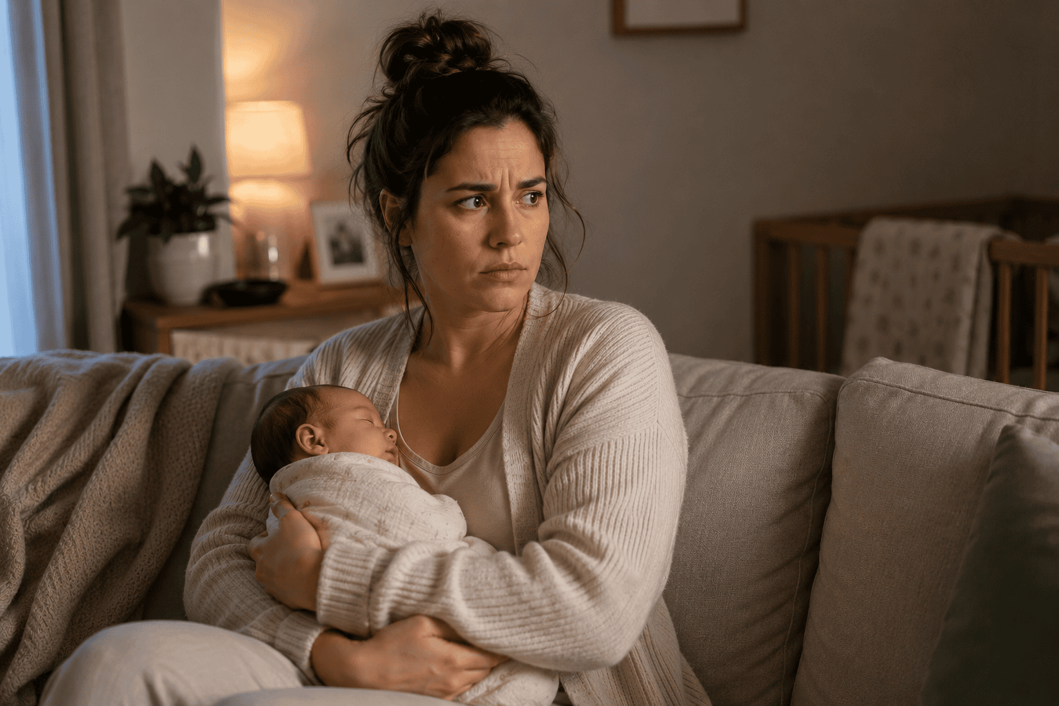 New mother sitting on a couch holding her newborn with a tense, worried, on-edge expression.