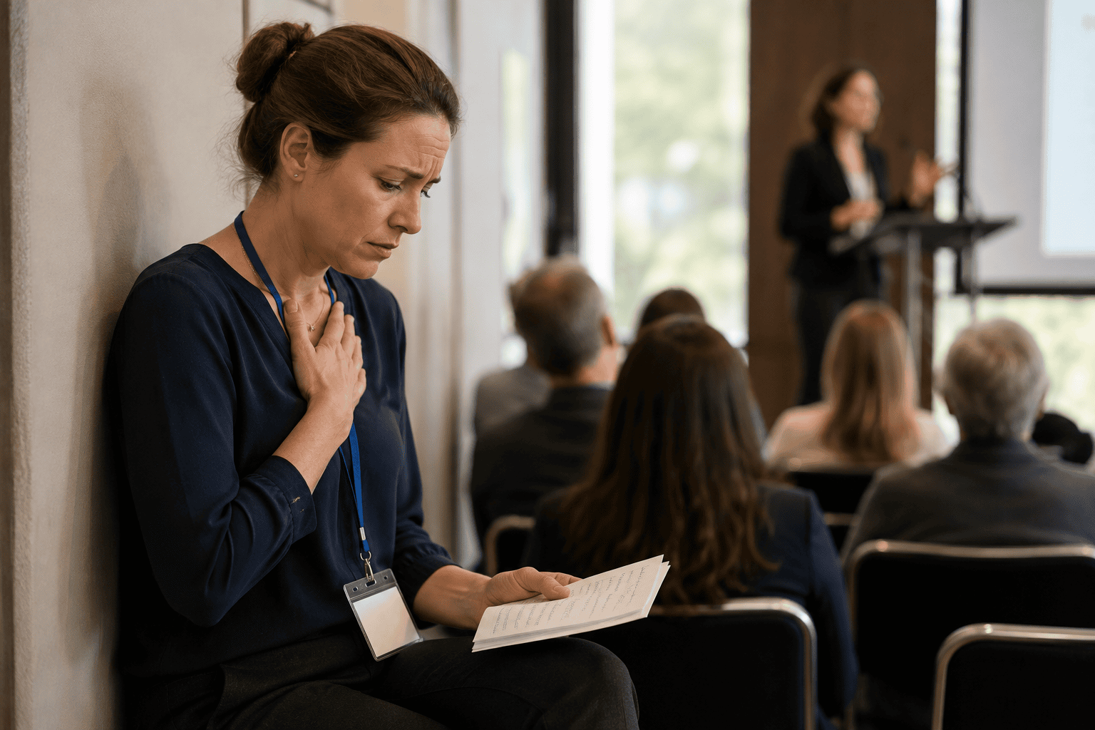 Person waiting nervously to speak, holding notes, moments before stepping up to present.