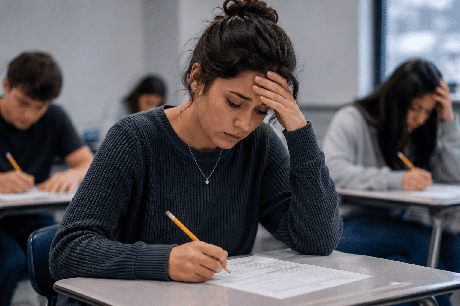 Student at a desk over a test paper looking anxious with a hand to the forehead, experiencing test anxiety.