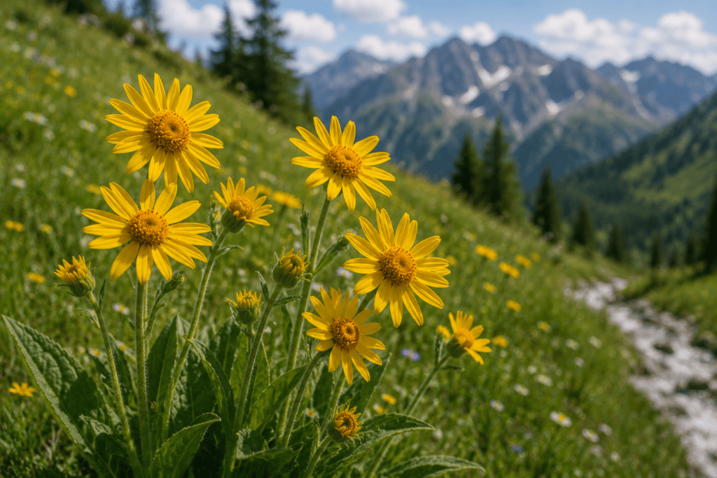 Bright yellow Arnica montana flowers growing in a green mountain meadow.