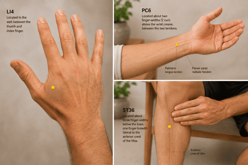 Composite showing the locations of LI4 on the hand, PC6 on the wrist, and ST36 below the knee.