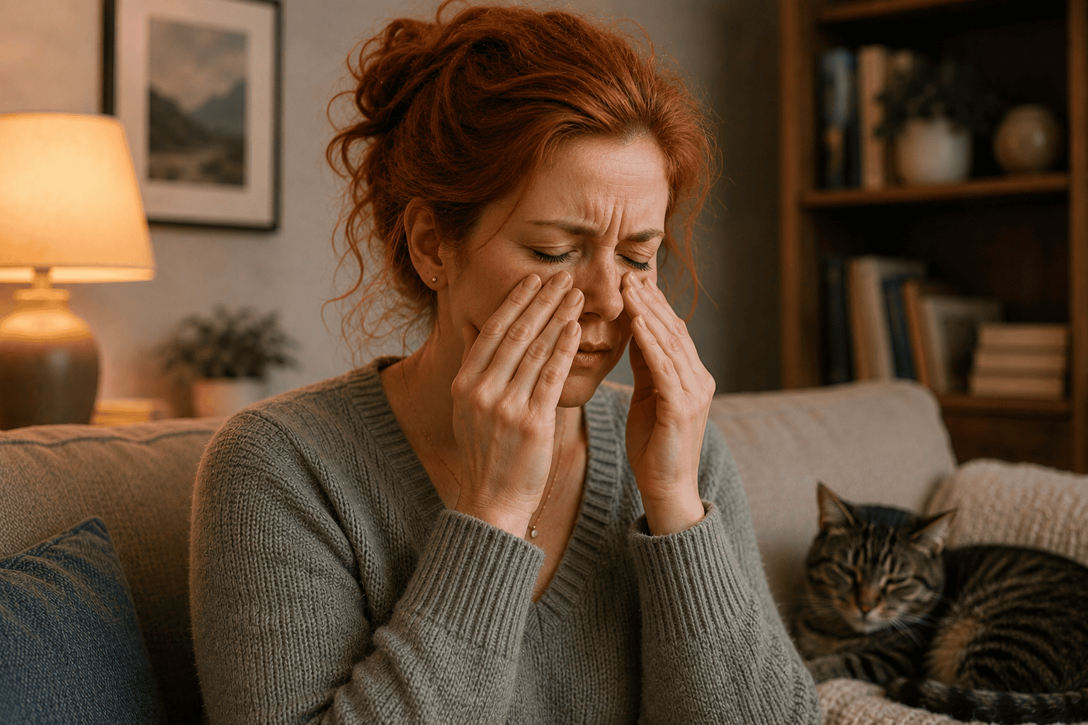 Person pressing their fingertips to their cheeks and nose with a congested, pained expression from a sinus headache.