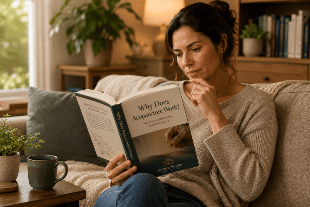 Person thoughtfully considering how acupuncture works while reading about it at home.