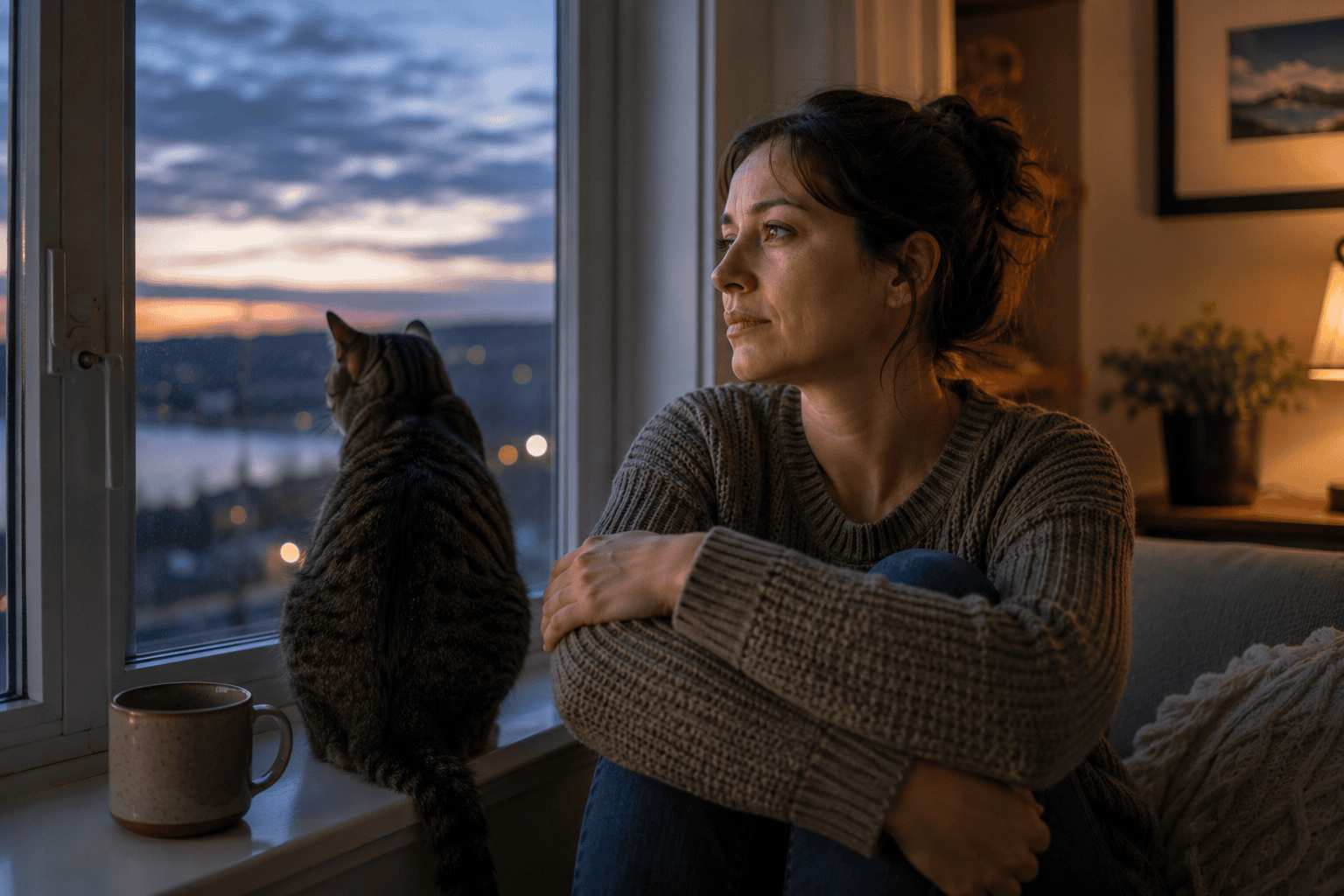 Person sitting alone by a window at dusk with a wistful, lonely expression, gazing out.