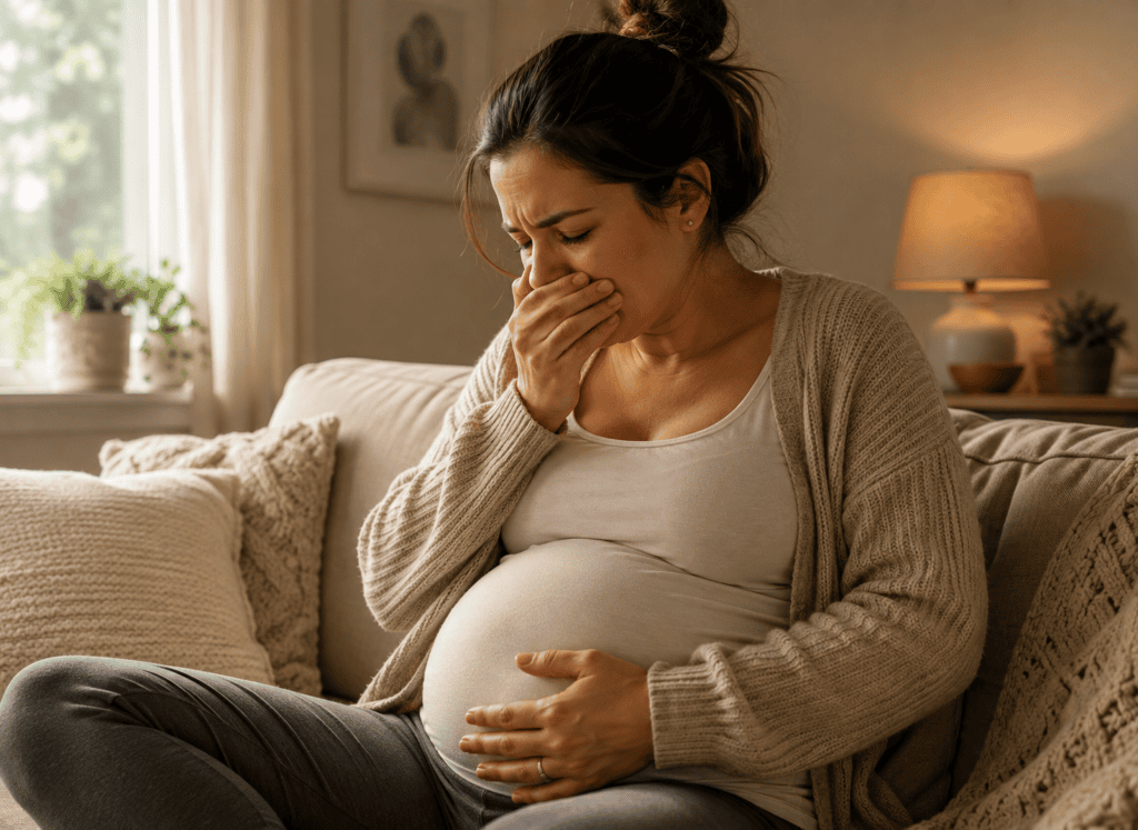 Pregnant woman in her first trimester resting a hand on her stomach while managing a wave of morning sickness at home.