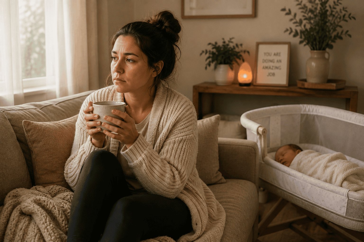 New mother sitting quietly on a couch holding a warm mug, with her newborn resting in a bassinet nearby.