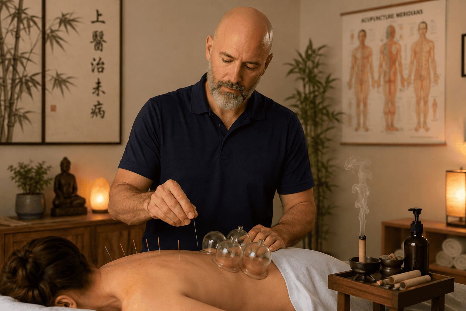 Licensed acupuncturist working with multiple Chinese medicine techniques including needles cups and moxa reflecting the range of modalities in a comprehensive practice.