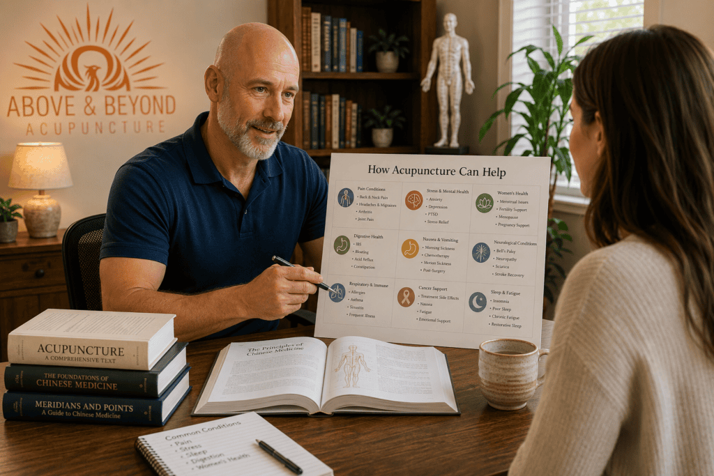 icensed acupuncturist discussing the range of conditions acupuncture actually helps with including pain stress women's health and digestive issues.