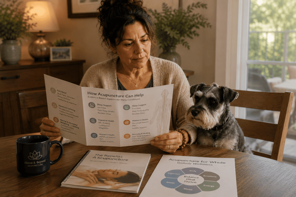 Person reviewing information about the range of conditions supported by acupuncture including pain, nausea, sleep, and stress-related patterns.