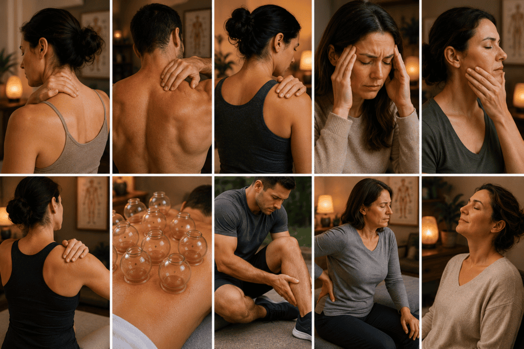 Patient with chronic neck back and shoulder tension considering fire cupping treatment for their specific patterns.