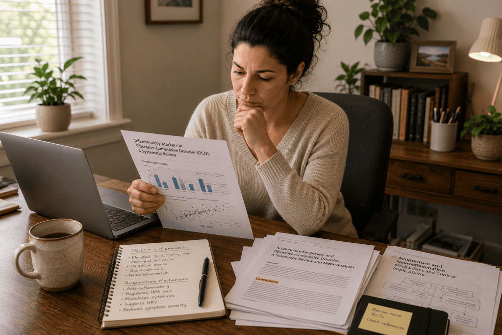 Person reviewing research documentation about acupuncture inflammation and OCD symptom management.