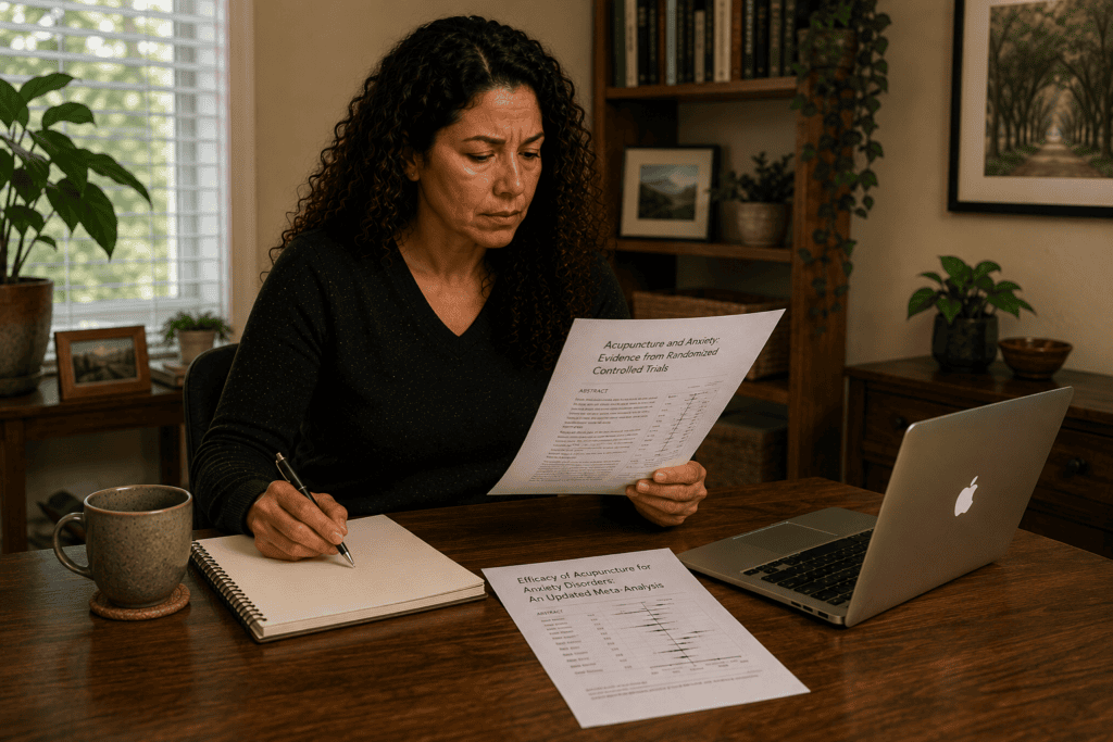 Person reviewing research documentation about acupuncture for generalized anxiety disorder and related conditions.