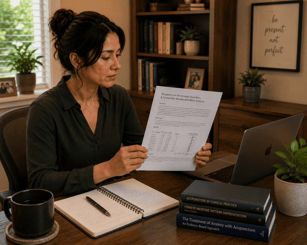 Person reviewing research documentation about acupuncture for social anxiety and related anxiety conditions.
