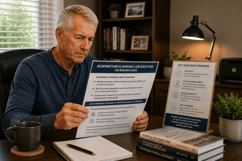 Person reviewing research documentation about acupuncture for chronic back pain including DDD and ACP guidelines.