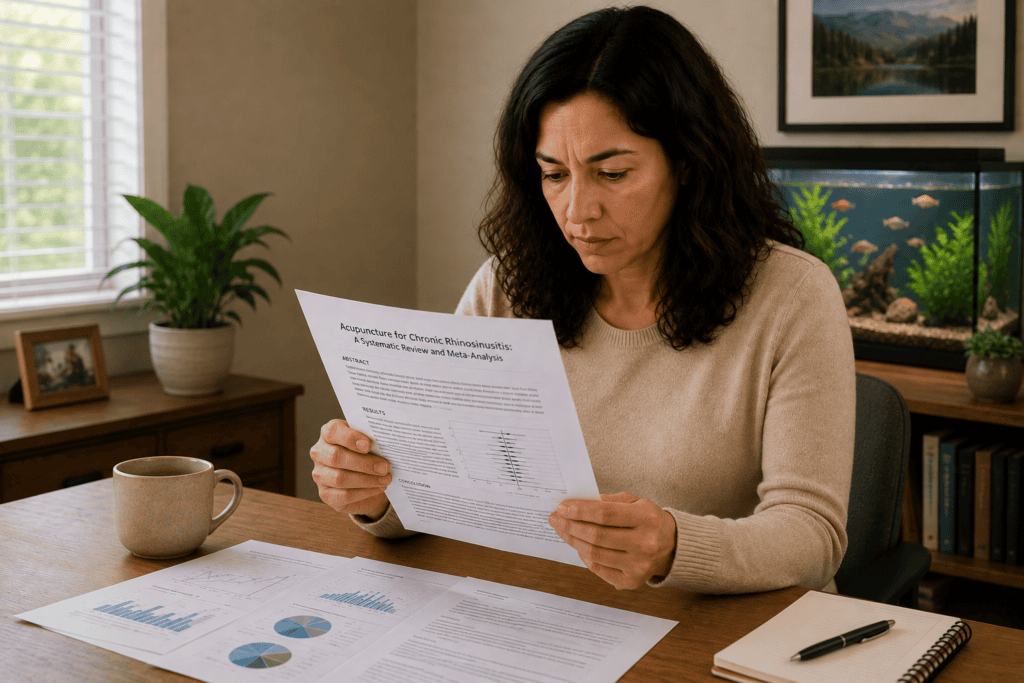 Person reviewing research documentation about acupuncture for chronic sinusitis and inflammatory conditions.