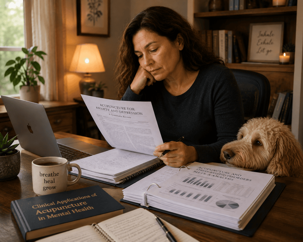 Person reviewing research documentation about acupuncture for grief, anxiety, depression, and stress-related conditions.