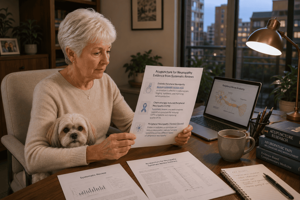 Person reviewing research documentation about acupuncture for various types of neuropathy including diabetic and chemotherapy-induced.