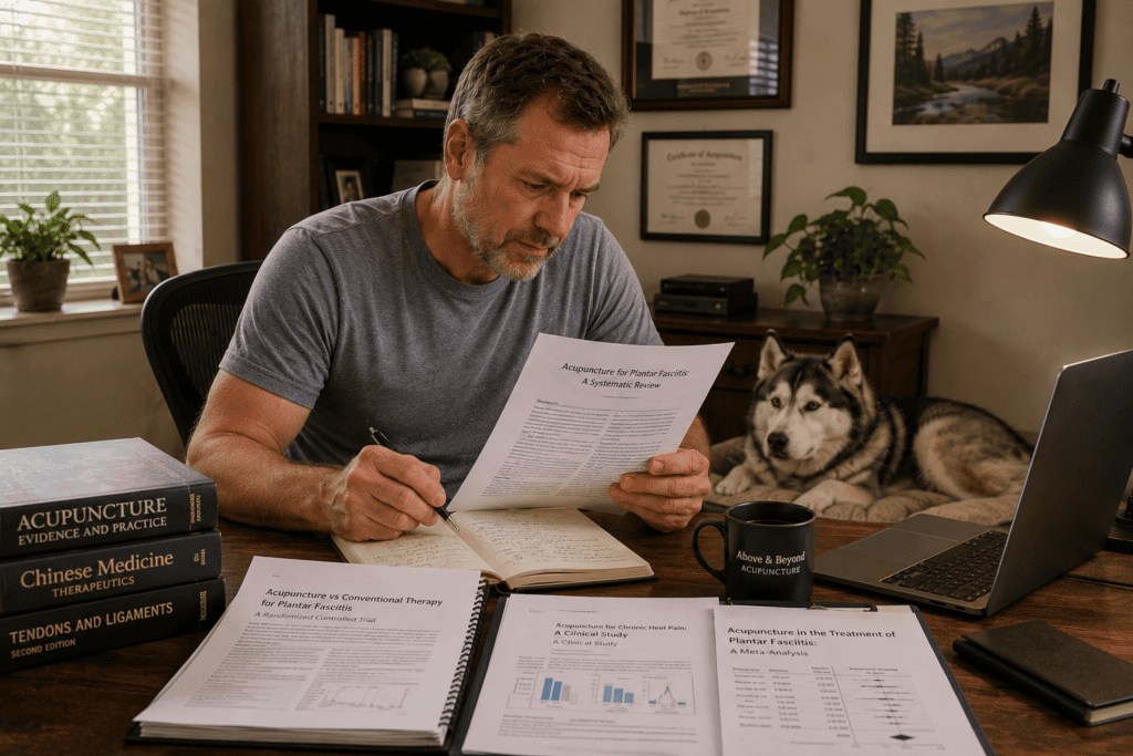 Person reviewing research documentation about acupuncture for plantar fasciitis and chronic foot pain.
