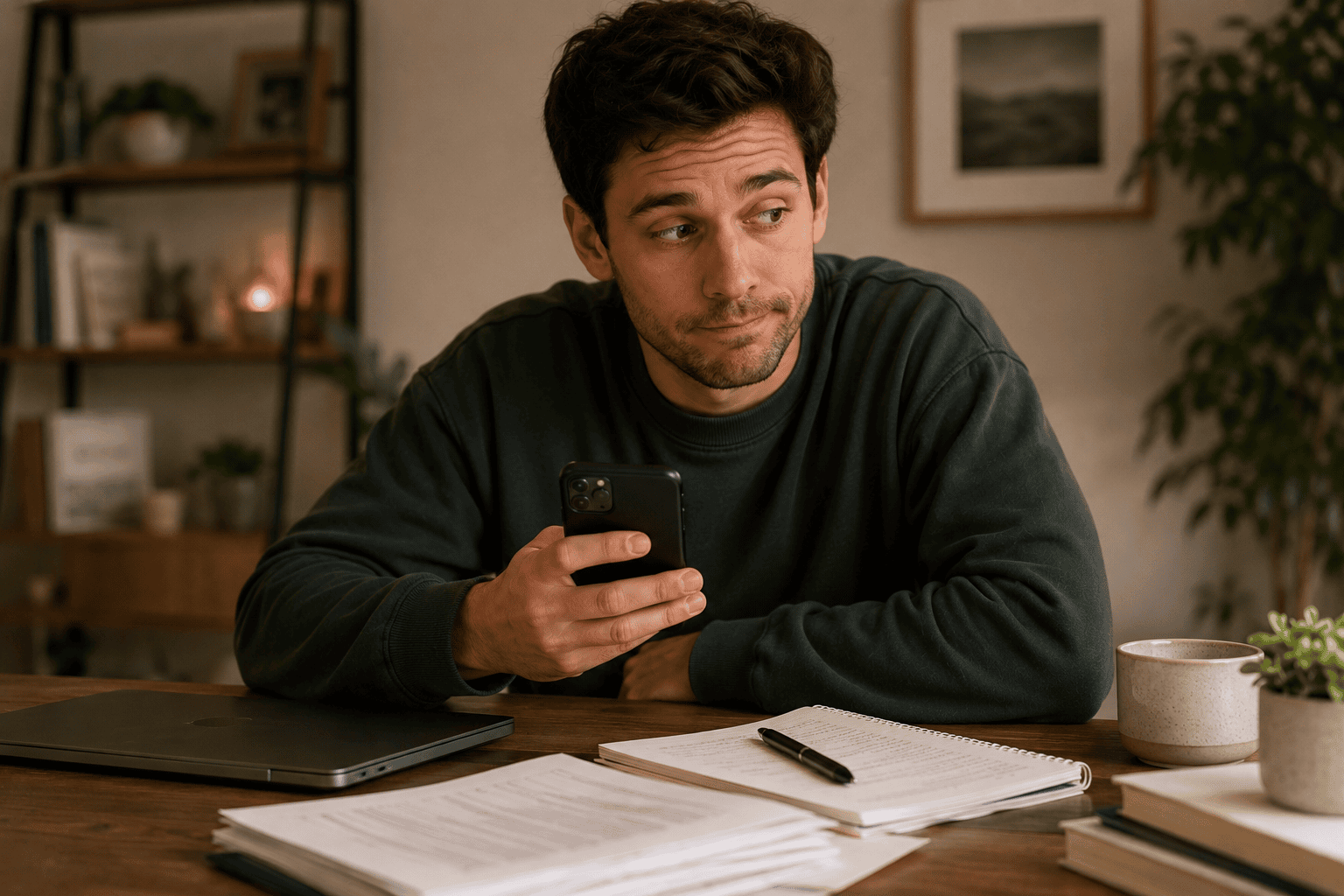 Person at a desk distracted by their phone, avoiding unopened work in front of them, procrastinating.