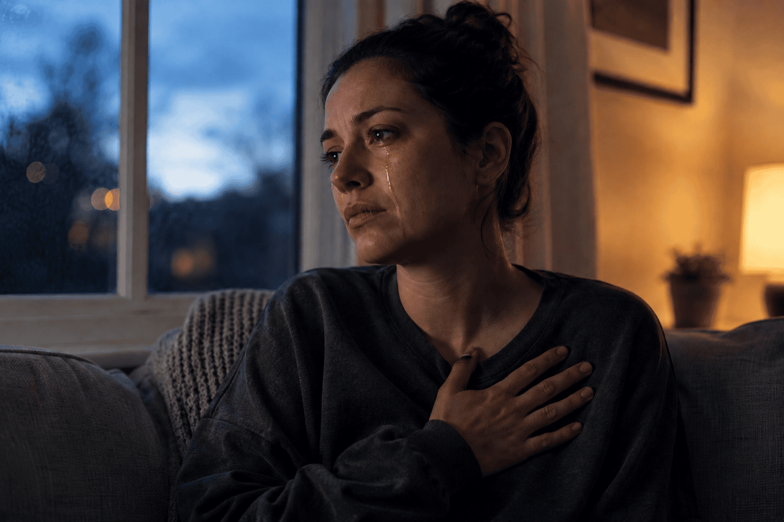 Person sitting alone by a window with a hand over their chest and a sorrowful expression, feeling heartbroken.