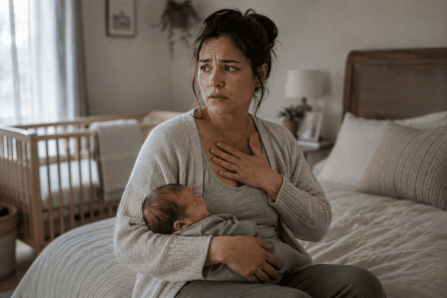 New mother sitting on a bed holding her newborn with a tense, worried, on-edge expression.