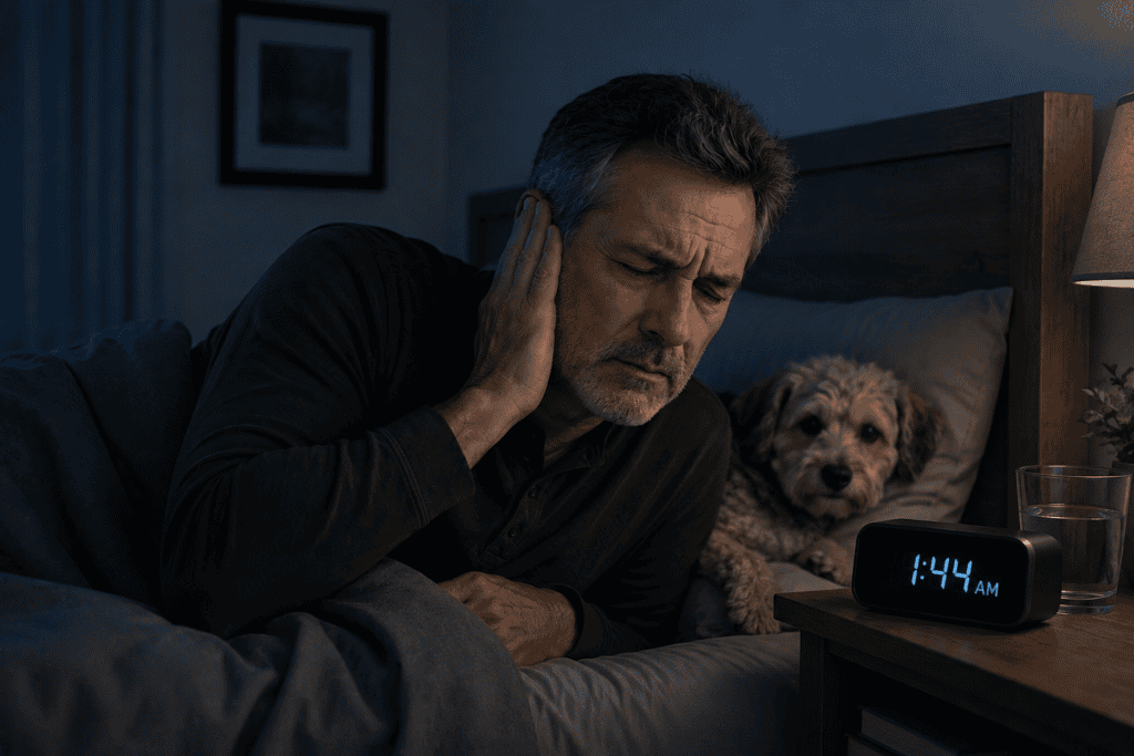 Man awake in bed at 1:44 AM holding his ear while persistent tinnitus ringing prevents him from sleeping, with his dog resting beside him.