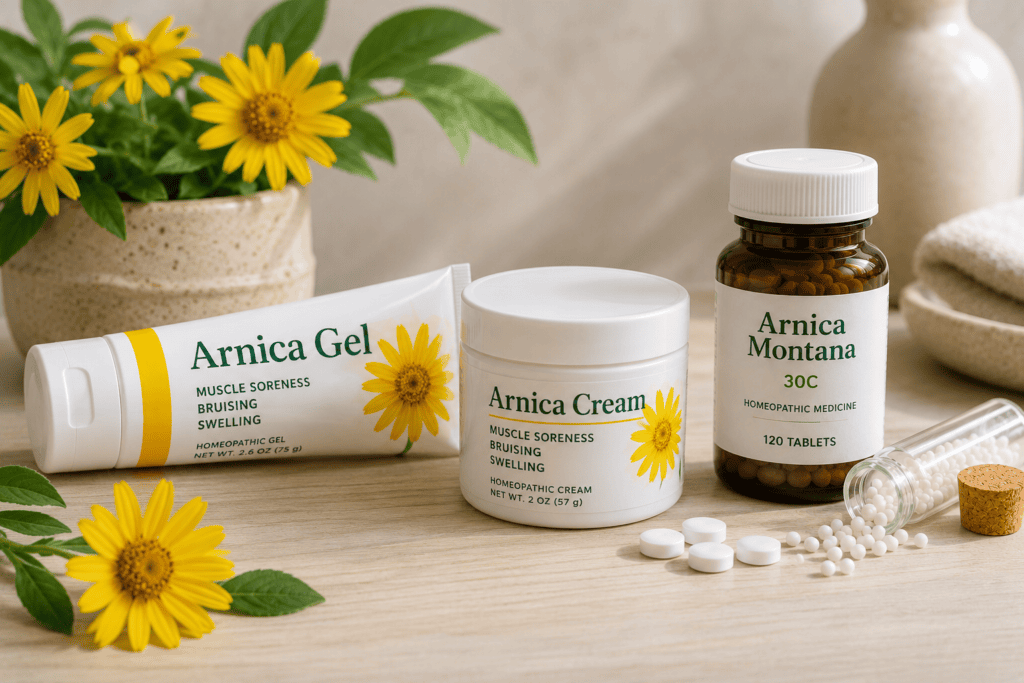 Arnica gel and cream beside homeopathic arnica tablets and pellets on a clean surface.