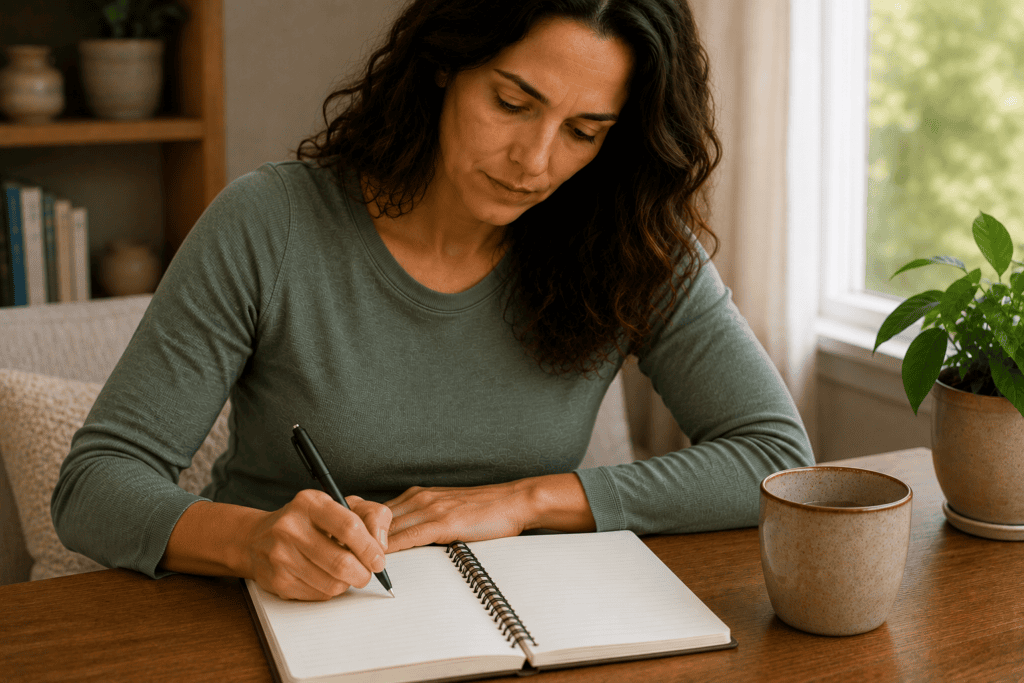 Person writing notes in a journal after an acupressure session, tracking whether the practice is producing noticeable results.