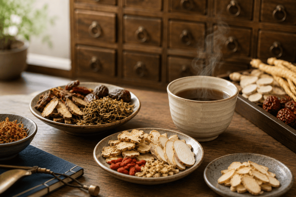 Traditional Chinese herbs arranged in ceramic dishes beside a steaming cup of herbal tea in a Chinese medicine setting.
