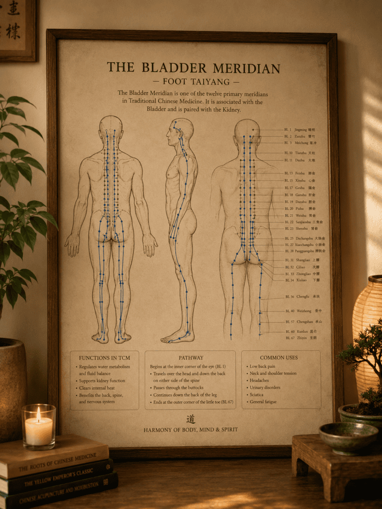 Traditional Chinese Medicine meridian chart showing the pathways and points used in acupressure and acupuncture.