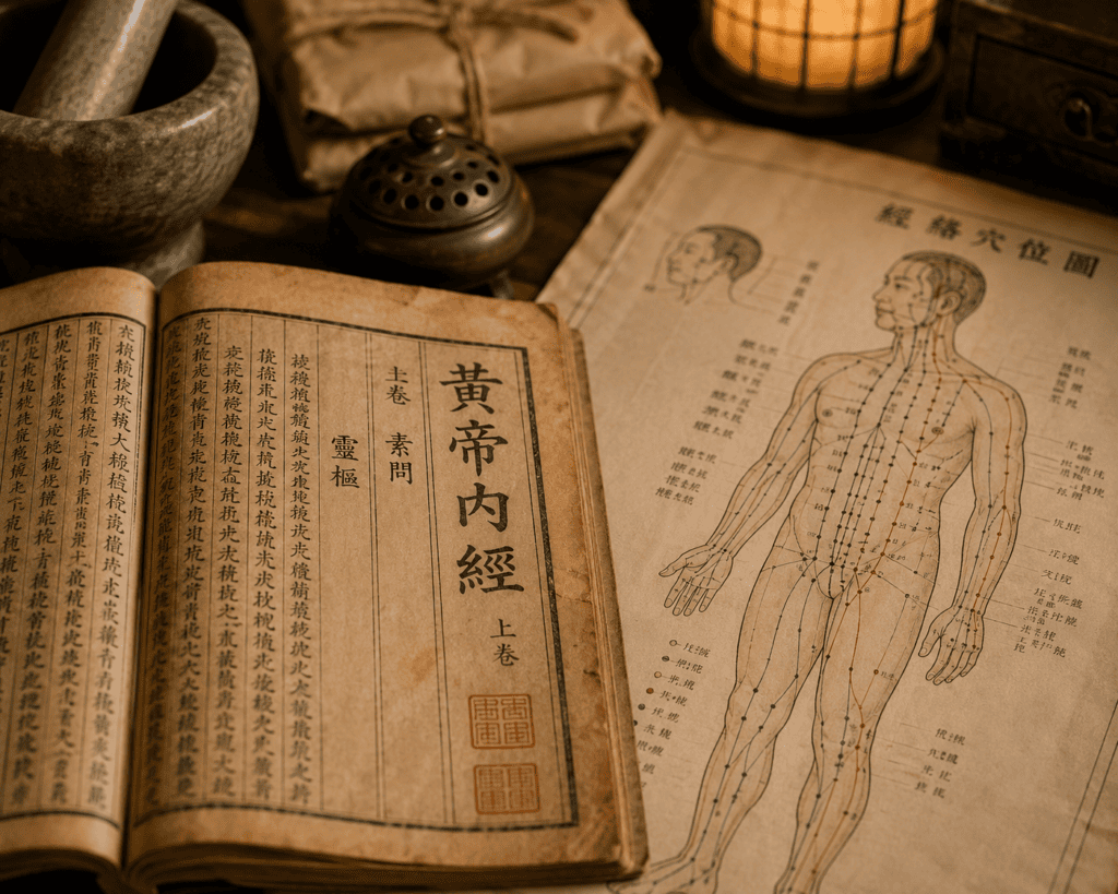 Traditional Chinese Medicine text with anatomical acupuncture meridian illustrations reflecting the ancient origins of the practice.