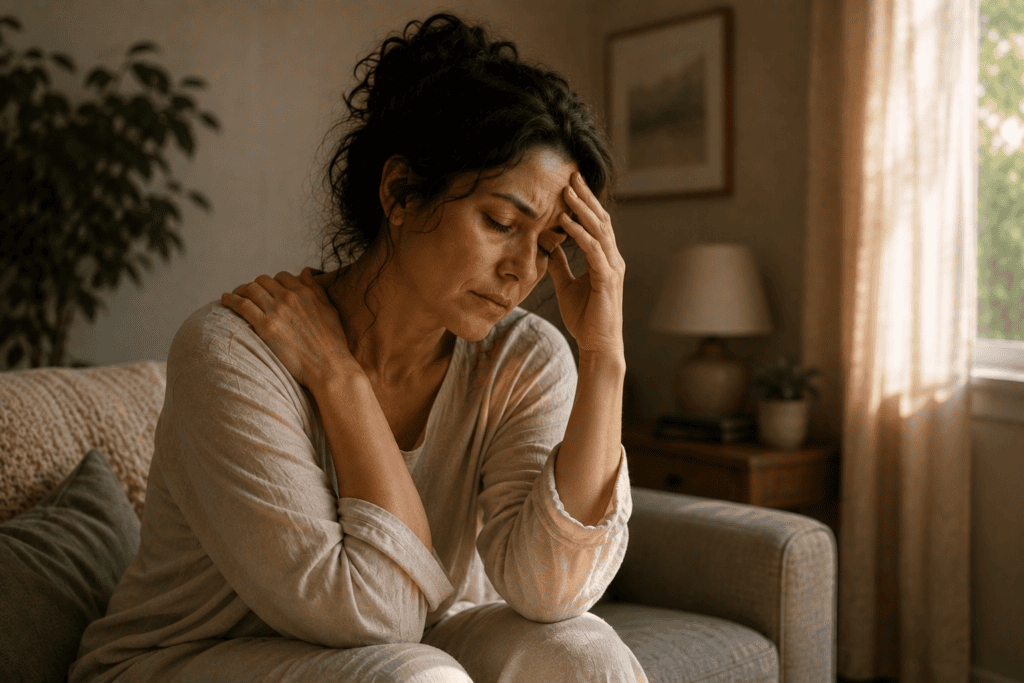 Woman sitting at home experiencing fatigue, emotional heaviness, and physical tension associated with unresolved trauma.