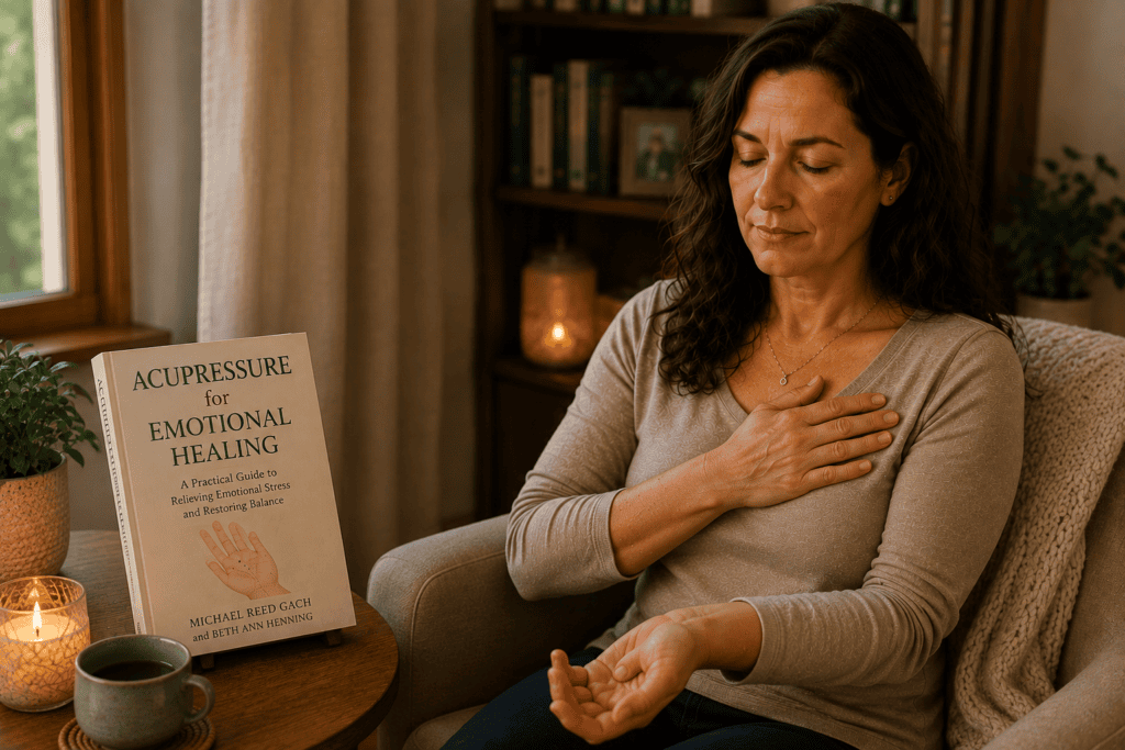Person in a calm, reflective moment pressing a calming acupressure point with a book resting nearby.