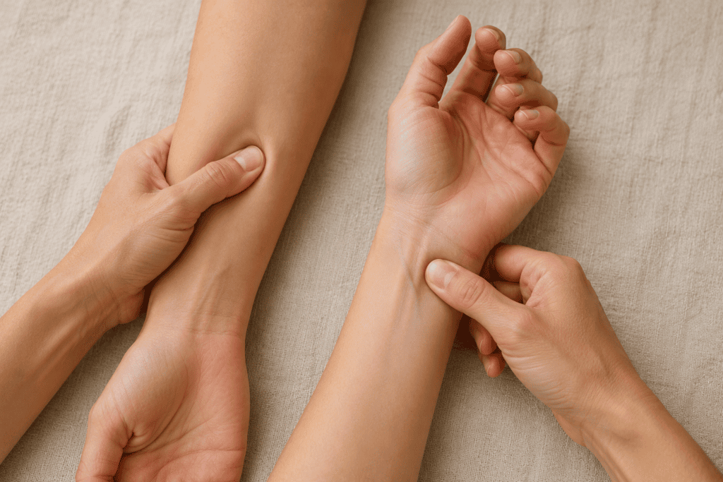 Close-up of two hands side by side, one pressing into forearm muscle tissue and the other pressing a precise fingertip into the inner wrist acupressure point, illustrating the difference between pressure points and acupressure points.