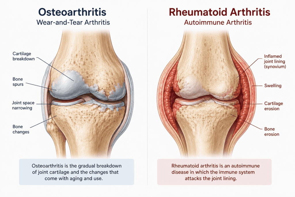 Illustration-style comparison of a wear-and-tear osteoarthritis joint beside an inflamed autoimmune arthritis joint.